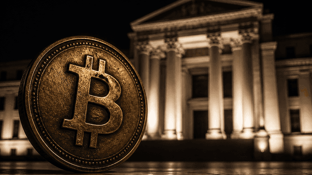 Monumentales Notenbankgebäude mit beleuchtetem Säulenportal bei Nacht, davor eine schwere Metallmünze mit eingeprägtem Bitcoin-Zeichen