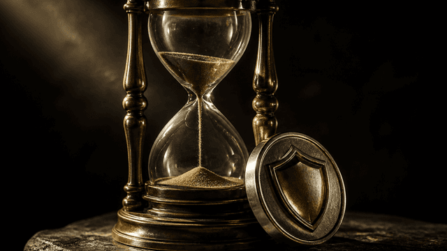 Fast durchgelaufene Sanduhr aus Messing und Glas auf dunkler Steinplatte, daneben eine schwere Metallmuenze mit eingepraegtem Schildsymbol