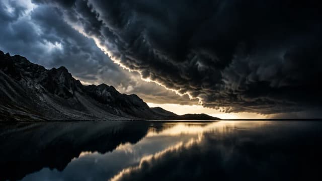 Eine dunkle Gewitterwolkenwand zieht über einen spiegelglatten Bergsee heran, am Horizont bleibt ein heller Streifen