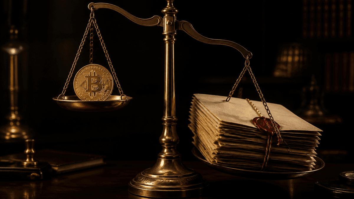 Balance ancienne en laiton sur un bureau sombre&nbsp;: à gauche une pièce d’or frappée du signe Bitcoin, à droite une lourde pile de dossiers scellés qui fait pencher la balance