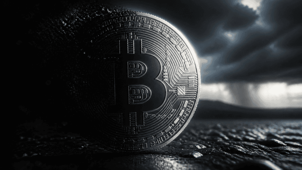 Silbermünze mit eingeprägtem Bitcoin-Zeichen, rechts von hartem Seitenlicht erfasst, links vollständig in Schatten aufgelöst, dahinter eine aufziehende Gewitterfront