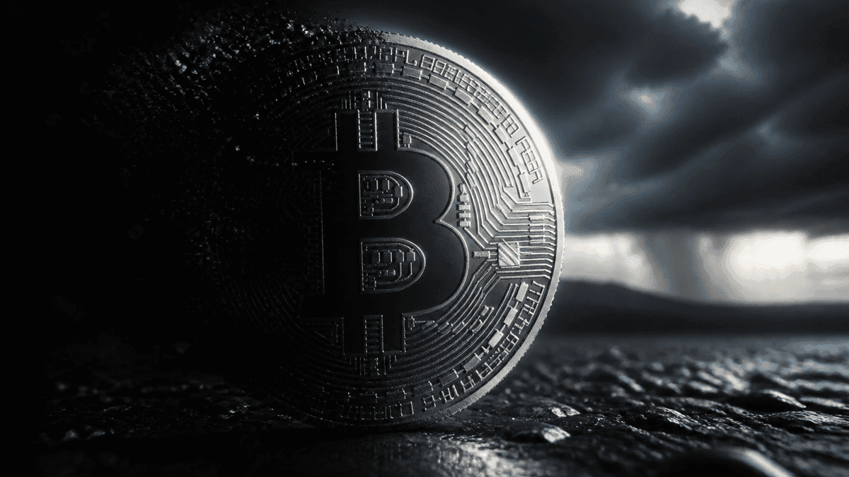 Silbermünze mit eingeprägtem Bitcoin-Zeichen, rechts von hartem Seitenlicht erfasst, links vollständig in Schatten aufgelöst, dahinter eine aufziehende Gewitterfront