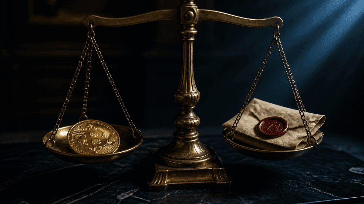 Messingwaage im Halbdunkel: links eine Goldmuenze mit Bitcoin-Zeichen, rechts ein rotes Wachssiegel auf gefaltetem Pergament