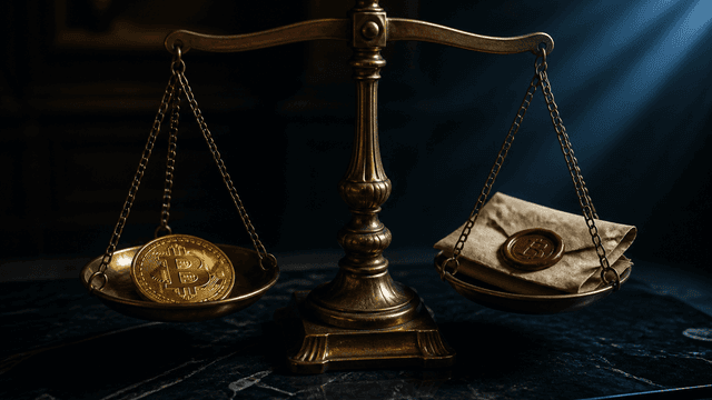 Messingwaage im Halbdunkel: links eine Goldmuenze mit Bitcoin-Zeichen, rechts ein rotes Wachssiegel auf gefaltetem Pergament