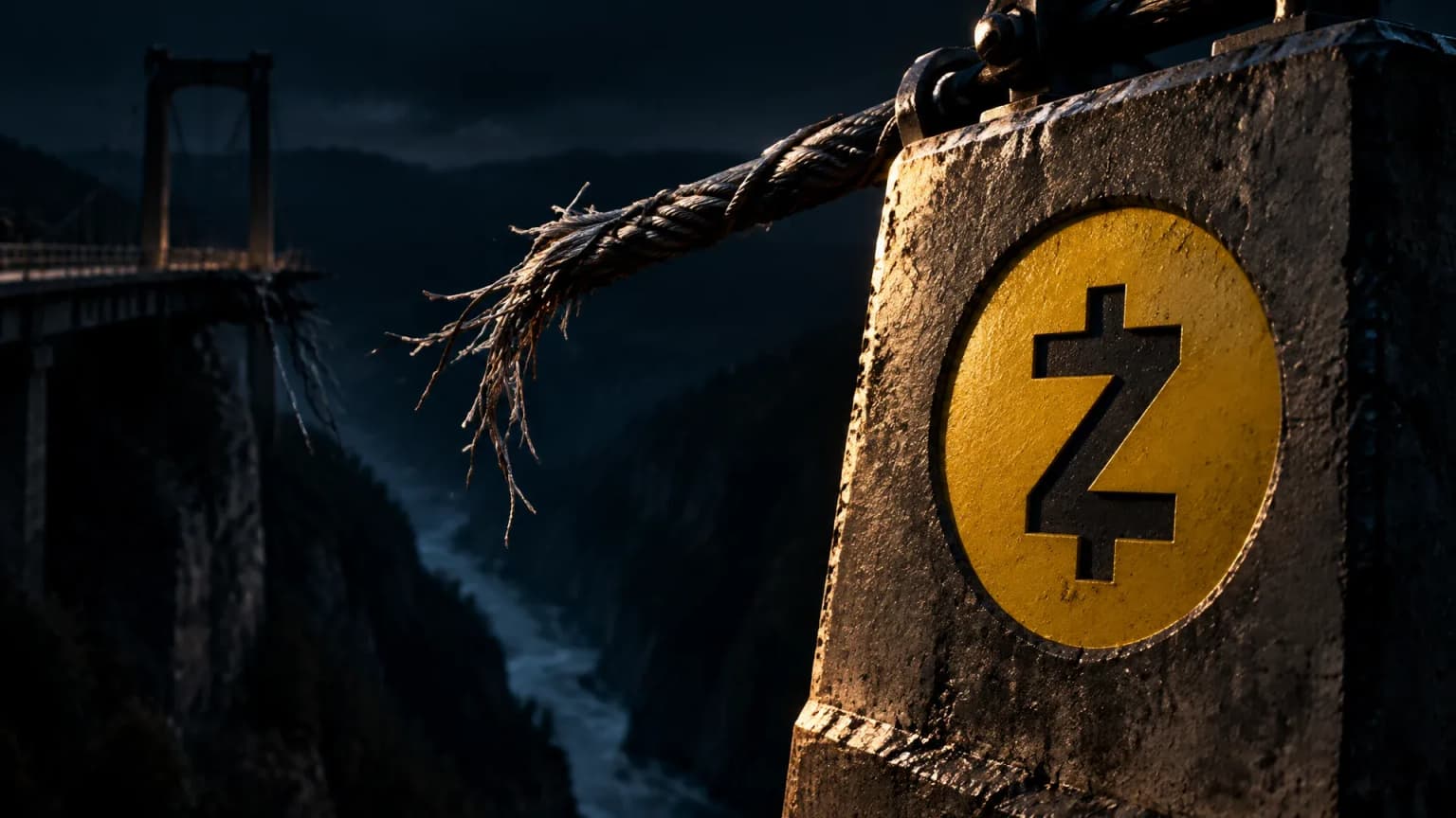 Gerissenes Stahlseil einer Haengebruecke ueber einer naechtlichen Schlucht, im Brueckenkopf aus Beton das eingelassene Zcash-Zeichen