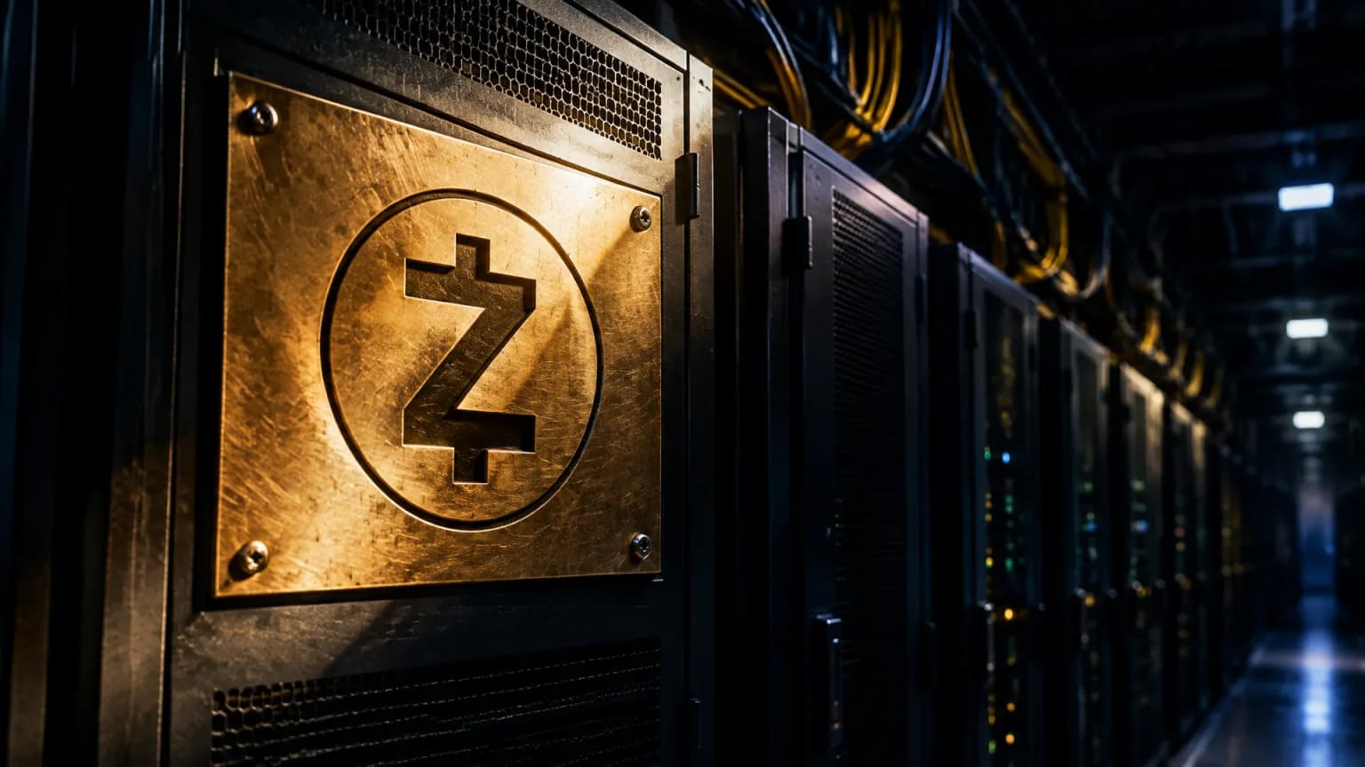 Messingplatte mit dem Zcash-Zeichen, eingraviert am vordersten Schaltschrank einer Reihe in einem nächtlichen Rechenzentrum