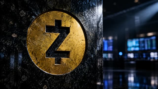 Tiefe Gravur mit dem Zcash-Zeichen in einer polierten dunklen Granitwand am Rand eines nächtlichen Handelssaals