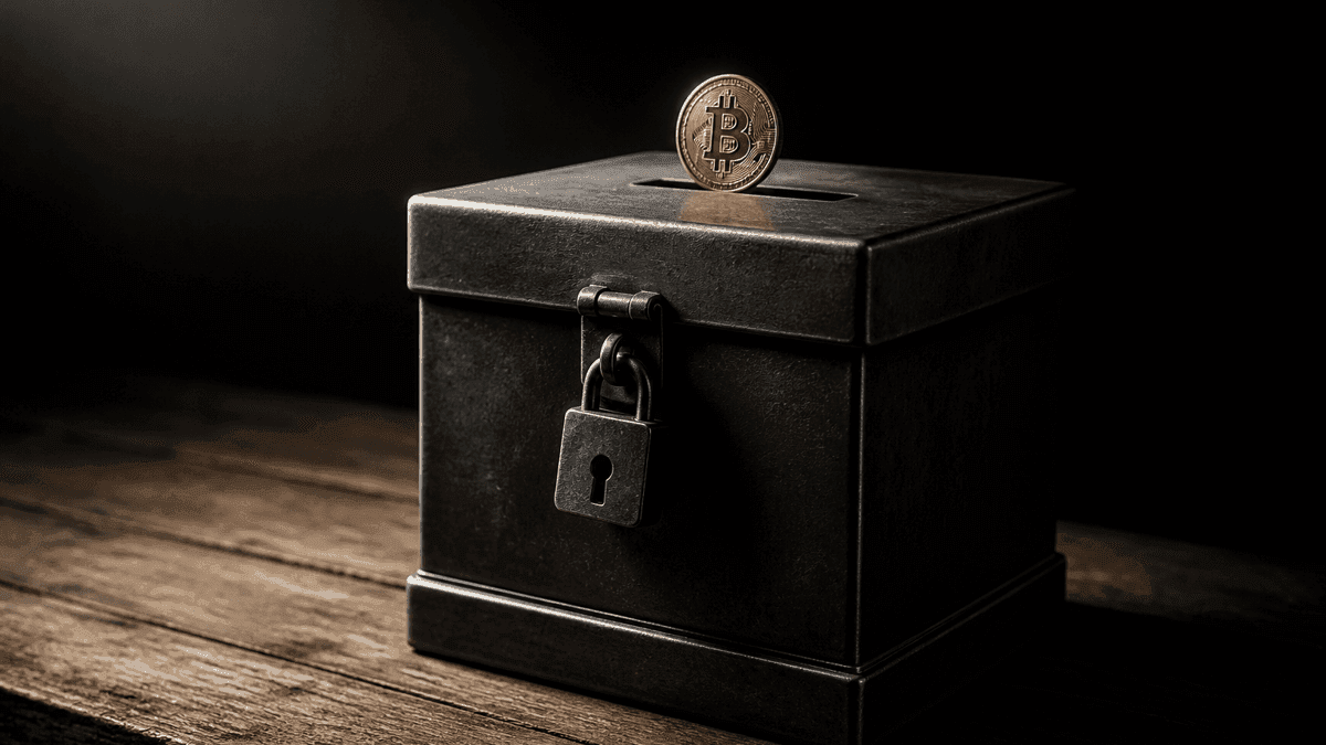 Physical coin embossed with a Bitcoin symbol dropping into the slot of a heavy dark metal ballot box
