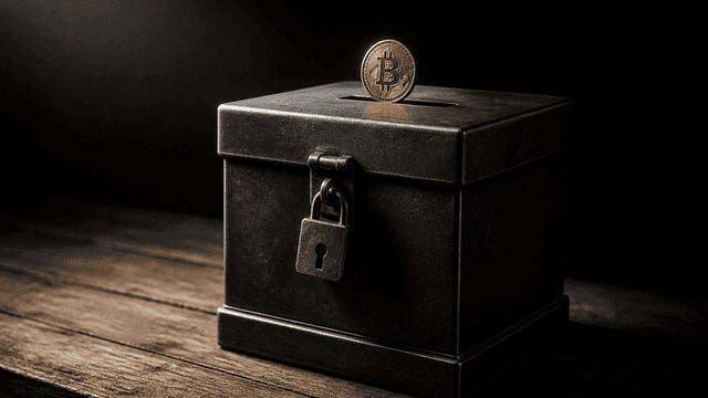Physische Münze mit eingeprägtem Bitcoin-Zeichen fällt in den Schlitz einer schweren Wahlurne aus dunklem Metall