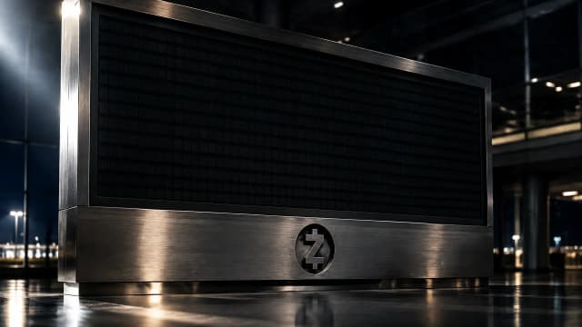 Vollständig leere dunkle Abflug-Anzeigetafel in einer menschenleeren Nachthalle, am Metallrahmen darunter das Zcash-Zeichen als tiefe Intarsie