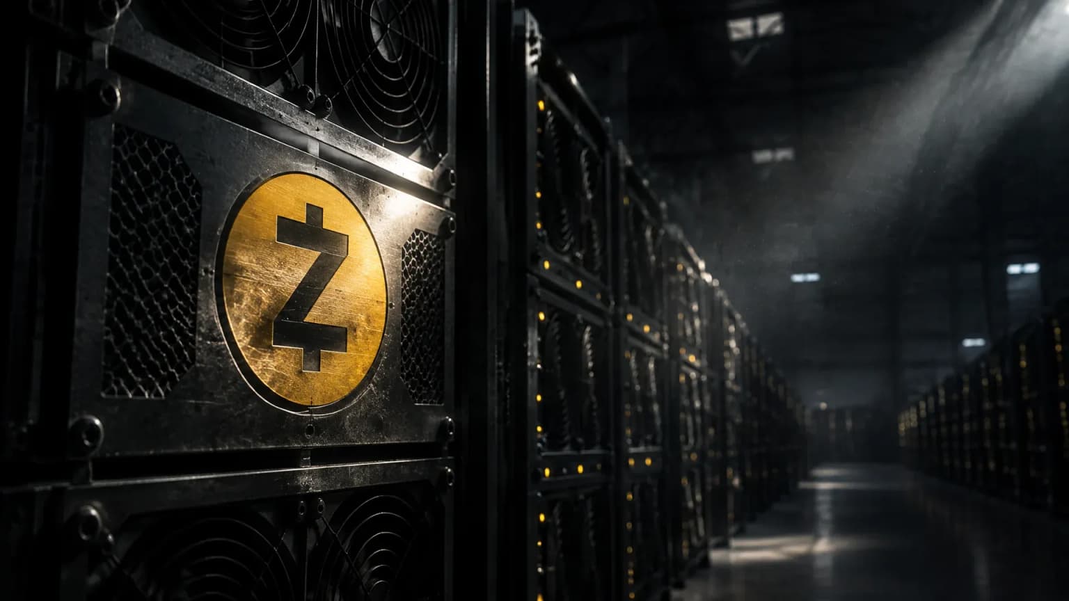 Gefräste Metallintarsie mit dem Zcash-Zeichen auf der Frontblende eines Mining-Rigs in einer dunklen Rechenhalle