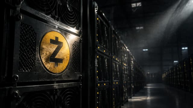 Gefraeste Metallintarsie mit dem Zcash-Zeichen auf der Frontblende eines Mining-Rigs in einer dunklen Rechenhalle