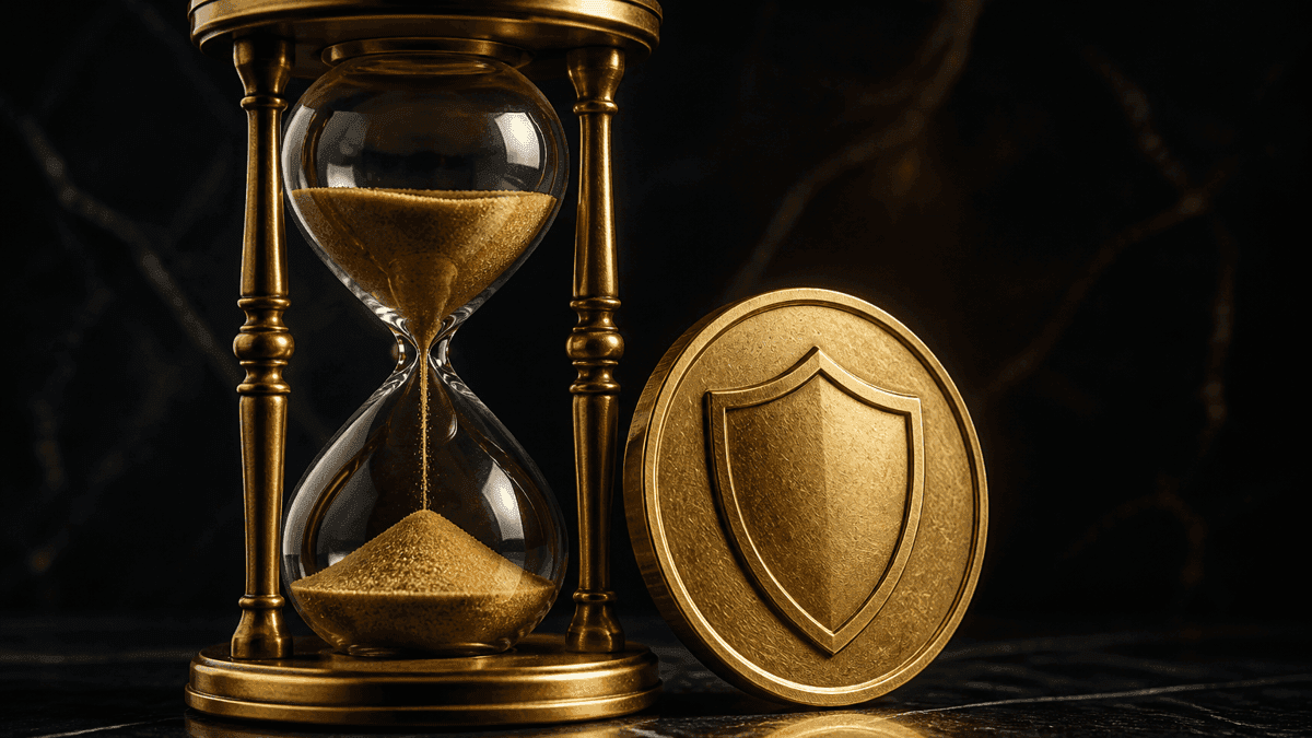 Messing-Sanduhr mit rieselndem Sand neben einer goldfarbenen Metallmünze mit eingeprägtem Schutzschild auf dunkler Steinplatte