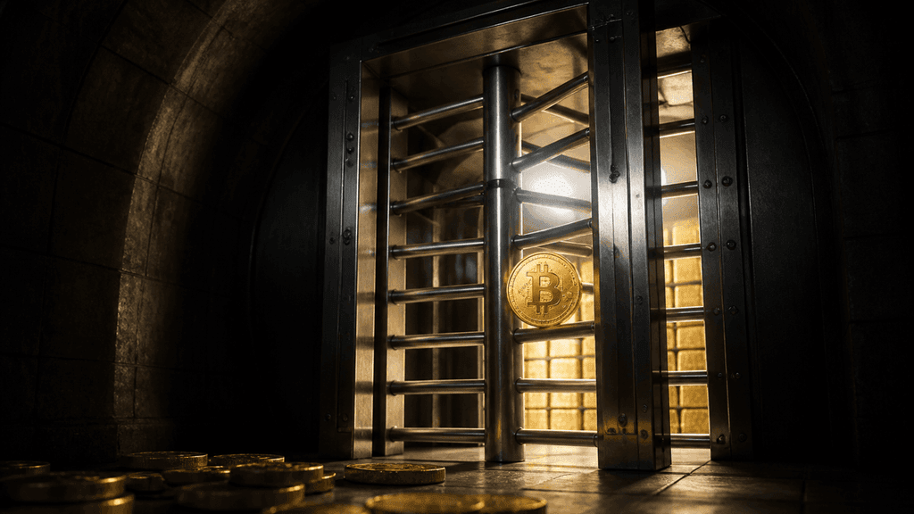 Stahlernes Drehkreuz in einem dunklen Tresorgang, eine Goldmuenze mit Bitcoin-Symbol passiert die Sperre in eine hell erleuchtete Kammer