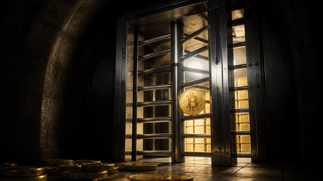 Stahlernes Drehkreuz in einem dunklen Tresorgang, eine Goldmuenze mit Bitcoin-Symbol passiert die Sperre in eine hell erleuchtete Kammer