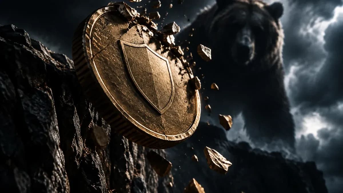 Kippende, am oberen Rand zerspringende Metallmünze vor dunkler Gewitterfront mit Bärensilhouette