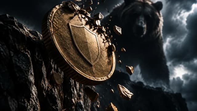 Kippende, am oberen Rand zerspringende Metallmünze vor dunkler Gewitterfront mit Bärensilhouette