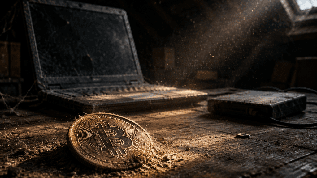Verstaubter alter Laptop und externe Festplatte auf einem Holzschreibtisch in einem dunklen Dachboden, davor eine Goldmünze mit Bitcoin-Zeichen im Staub