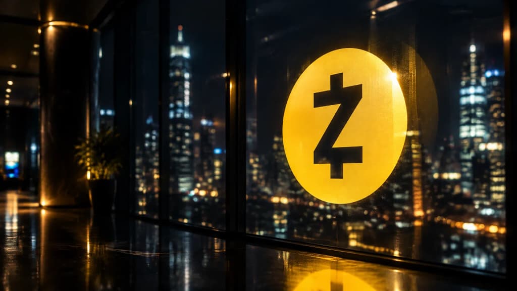 Das Zcash-Zeichen als scharfer Lichtreflex auf einer großen Glasscheibe im abgedunkelten Foyer eines Bürohochhauses bei Nacht