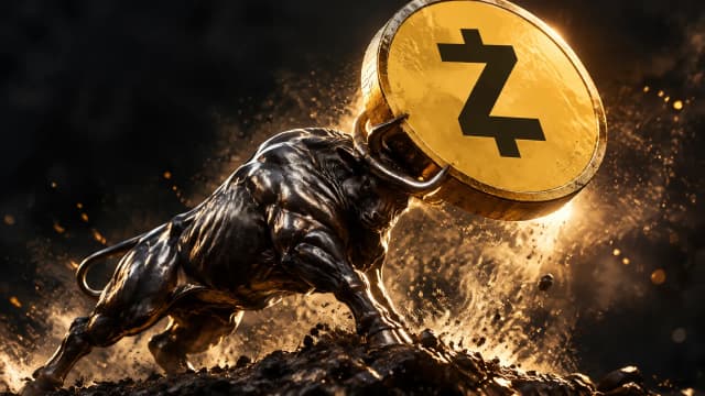 Metallener Bulle stemmt eine große Münze mit dem Zcash-Zeichen nach oben