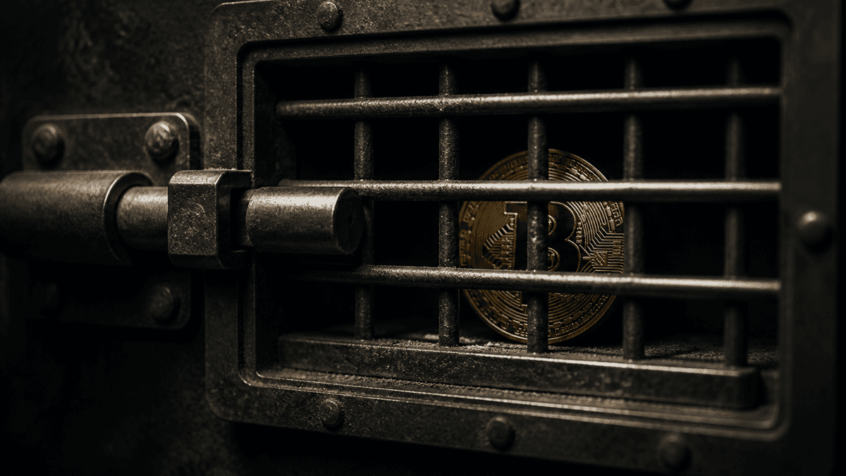 Goldene Münze mit Bitcoin-Zeichen hinter der verriegelten Stahlgittertür eines Tresorfachs