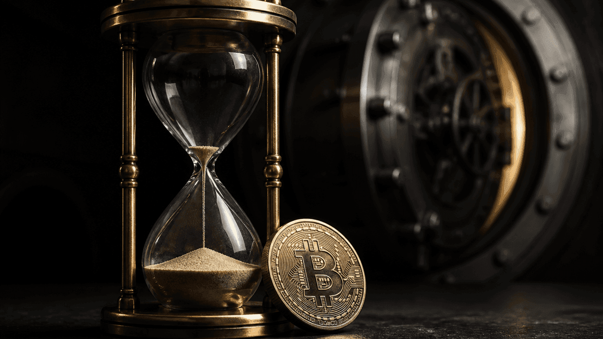 Sanduhr aus Messing mit fast durchgelaufenem Sand, davor eine goldene Muenze mit Bitcoin-Praegung, im dunklen Hintergrund eine schwere Tresortuer