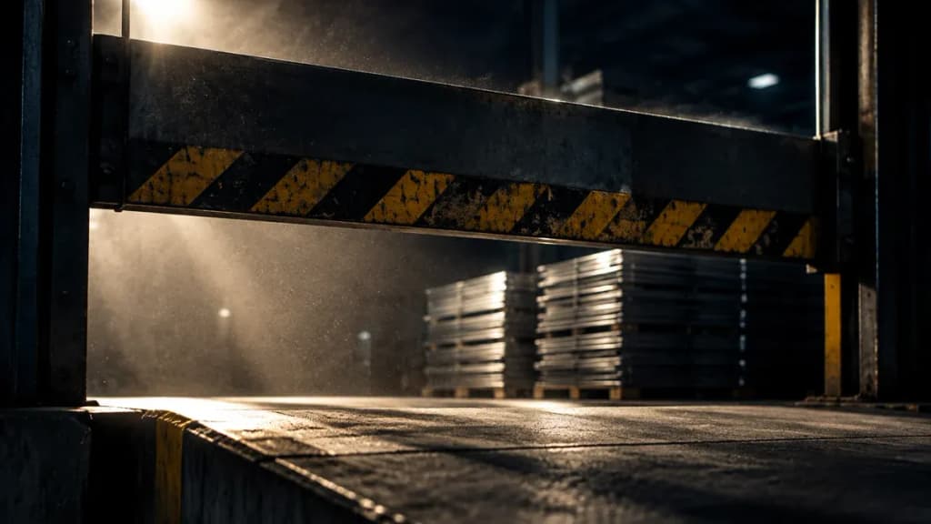 Eine schwere Stahlschranke senkt sich im Gegenlicht über eine leere Betonladerampe, dahinter ein Stapel schlichter Metallplättchen