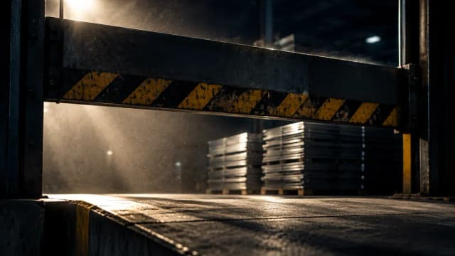 Eine schwere Stahlschranke senkt sich im Gegenlicht über eine leere Betonladerampe, dahinter ein Stapel schlichter Metallplättchen