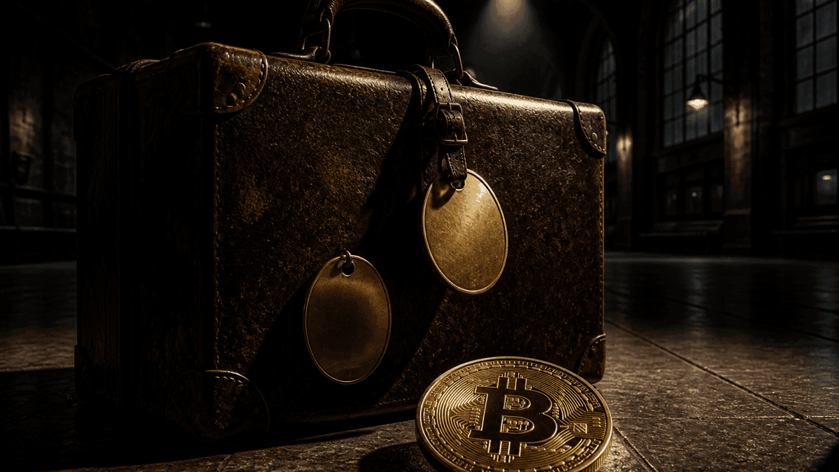 Alter Lederkoffer in einer dunklen Bahnhofshalle mit zwei identischen blanken Messing-Gepäckanhängern, davor eine Münze mit eingeprägtem Bitcoin-Zeichen
