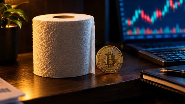 Toilettenpapierrolle neben einer unmarkierten Goldmünze auf einem dunklen Regal