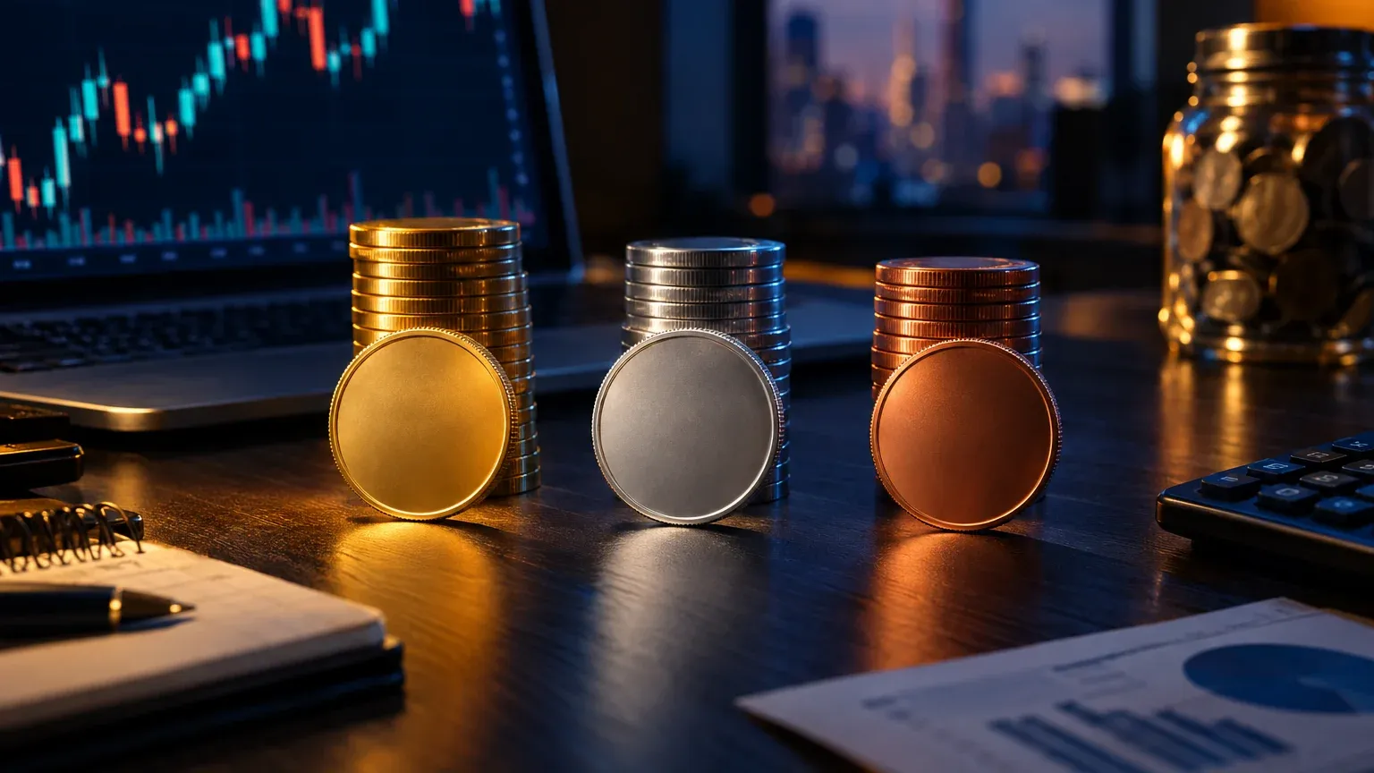 Three unmarked coins in gold, silver and copper under separate spotlights