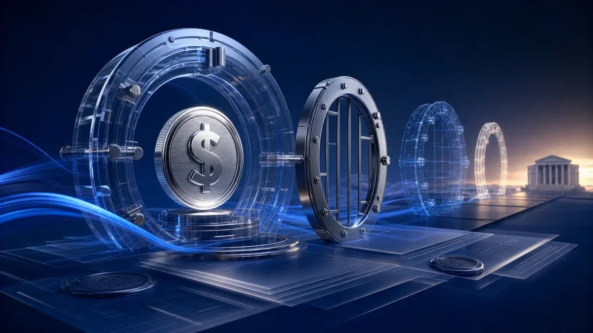 Digitaler Dollar-Token in einem teilweise aufgebauten regulatorischen Tresor mit gestaffelten Kontrolltoren.
