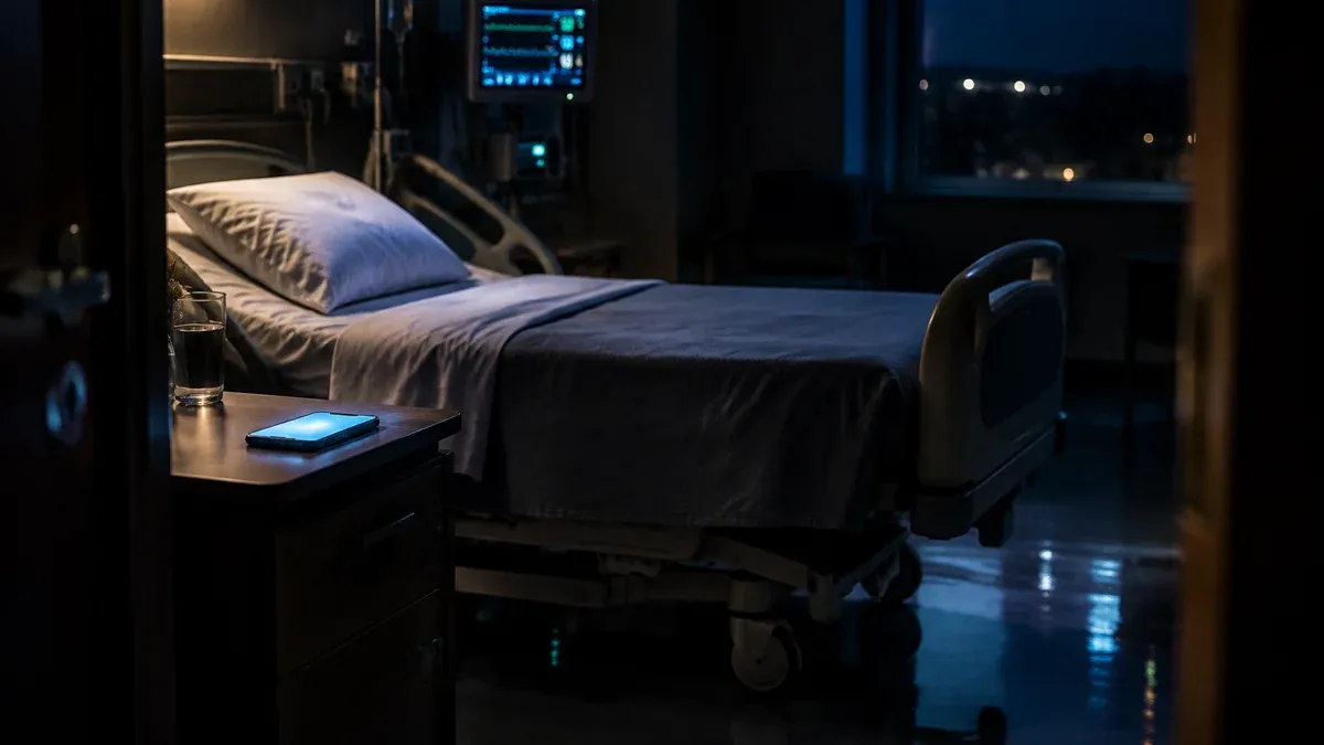 Leeres Krankenhauszimmer bei Nacht, auf dem Nachttisch leuchtet ein Smartphone