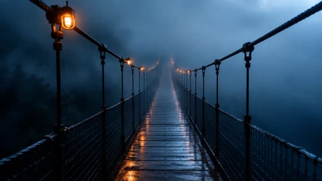 Hängebrücke verschwindet im Morgennebel, Warnlampen leuchten an den Seilen