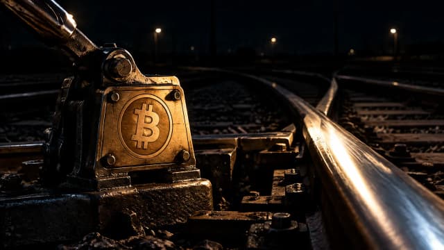 Stählerne Gleisweiche in einem nachtdunklen Rangierbahnhof, das Messinggehäuse des Stellhebels trägt das Bitcoin-Zeichen als Gravur, eine Schiene hell angeleuchtet, mehrere Nebengleise im Dunkel