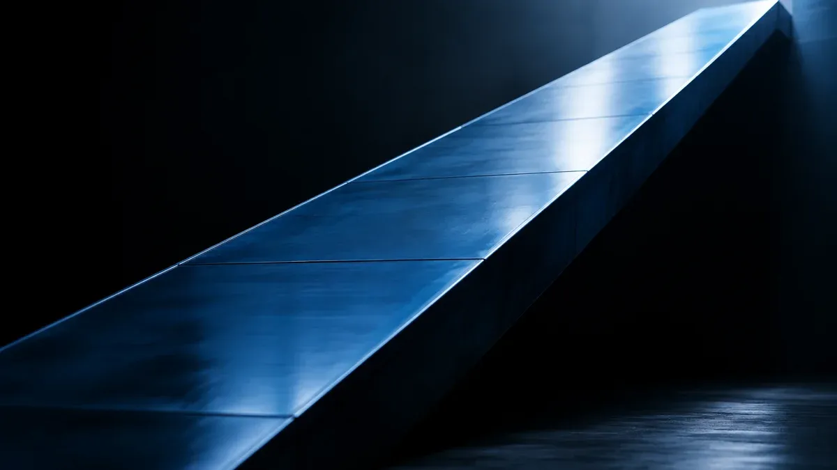 Blau schimmernde Rampe steigt aus dem Dunkel ins Licht