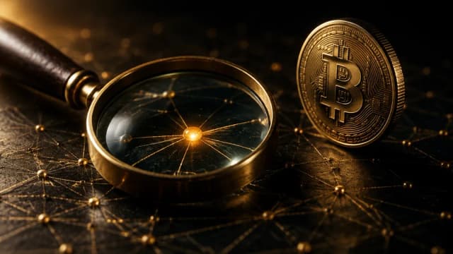Eine Messing-Lupe liegt über einem gravierten Geflecht aus Linien und Knotenpunkten und vergrößert einen leuchtenden Knoten, daneben eine Münze mit eingeprägtem Bitcoin-Symbol