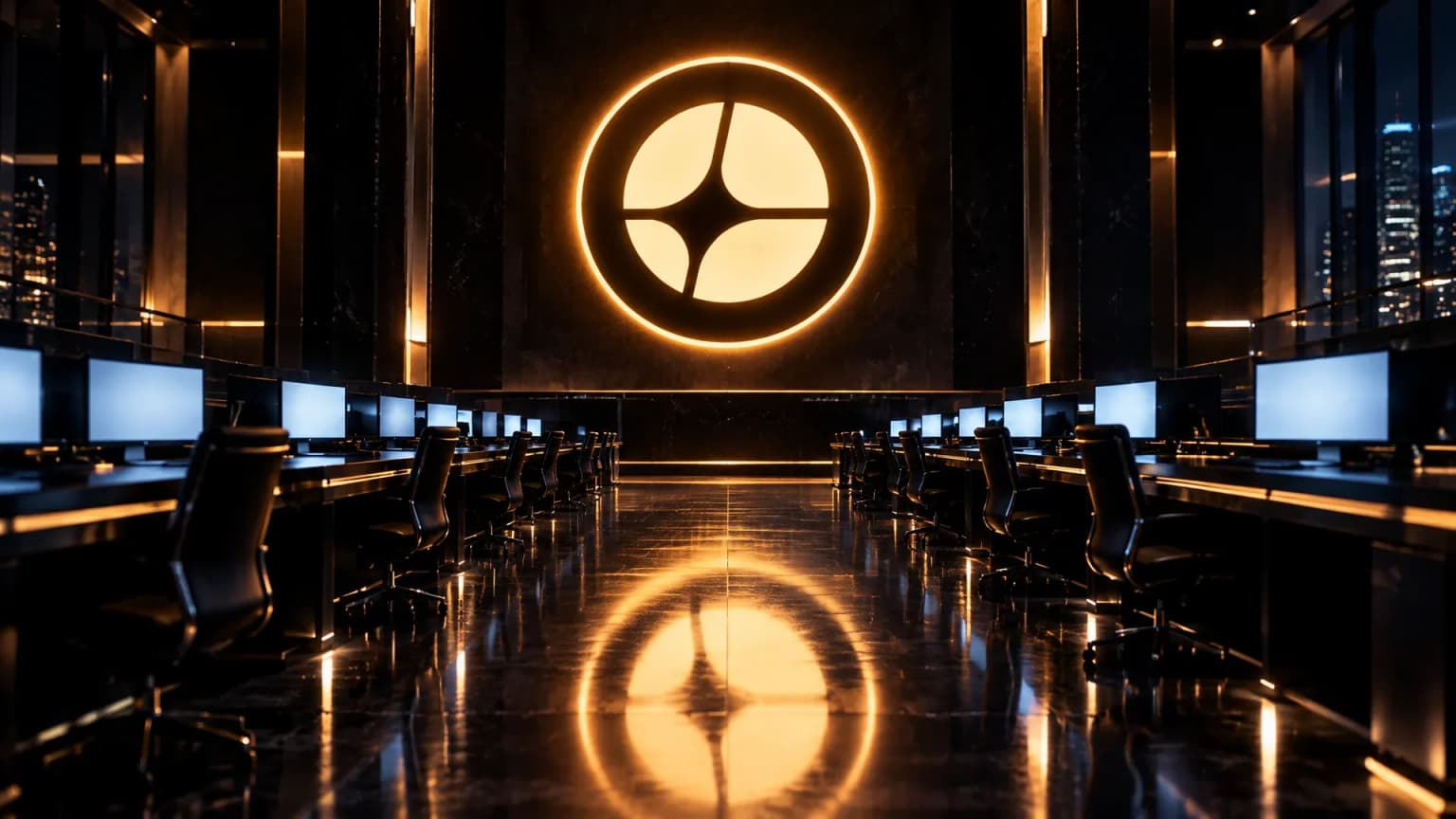 Menschenleerer nächtlicher Handelssaal, an der Rückwand leuchtet das Aster-Zeichen als großes Neonzeichen über leeren Pulten