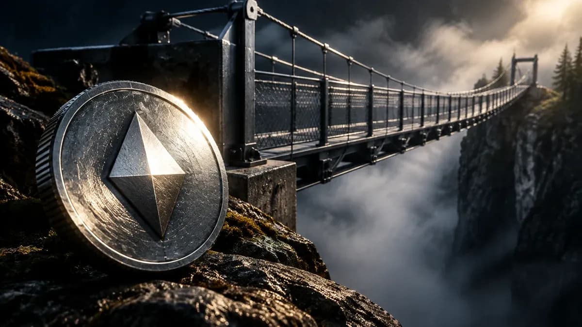 Hängebrücke aus Stahl über einer nebligen Schlucht, am Brückenkopf eine schwere Metallmünze mit eingeprägtem rautenförmigem Symbol