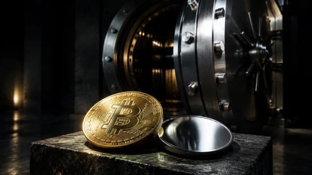 Halb geoeffnetes Stahl-Tresortor in einer dunklen Halle, davor auf einem Steinpodest eine Muenze mit Bitcoin-Zeichen und eine glatte Silbermuenze