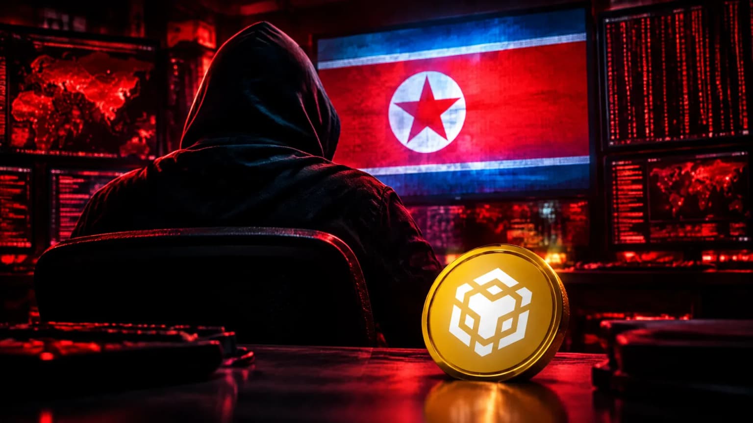 Imagen ilustrativa: hacker encapuchado de espaldas ante pantallas en rojo, la bandera de Corea del Norte en la pantalla principal y una moneda BNB dorada en primer plano