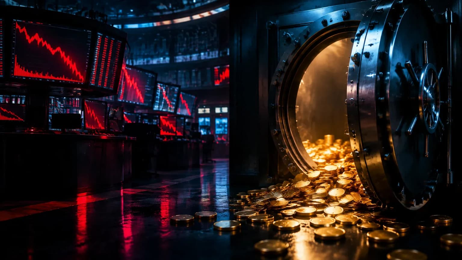 Illustration: on the left a trading floor with red stock charts, on the right an open vault door with scattered coins