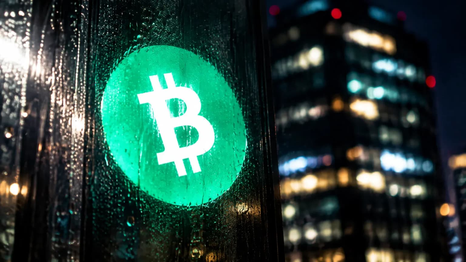 Lichtreflex mit dem Bitcoin-Cash-Zeichen auf einer regennassen Glasscheibe vor den Lichtern eines nächtlichen Büroturms