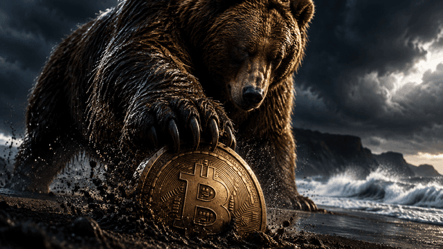 Ein Bär drückt eine große Münze mit eingeprägtem Bitcoin-Zeichen in nassen Sand, im Hintergrund zieht eine Gewitterfront auf