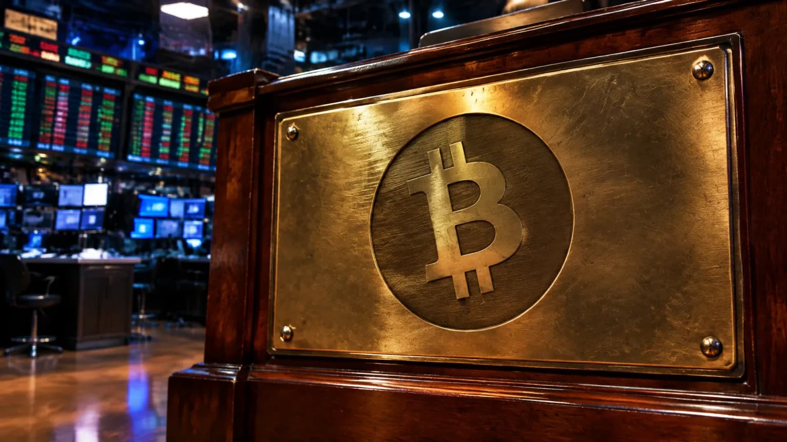 Messingtafel mit dem eingravierten Bitcoin-Cash-Zeichen an einem Holzpult im nächtlichen Handelssaal einer Terminbörse