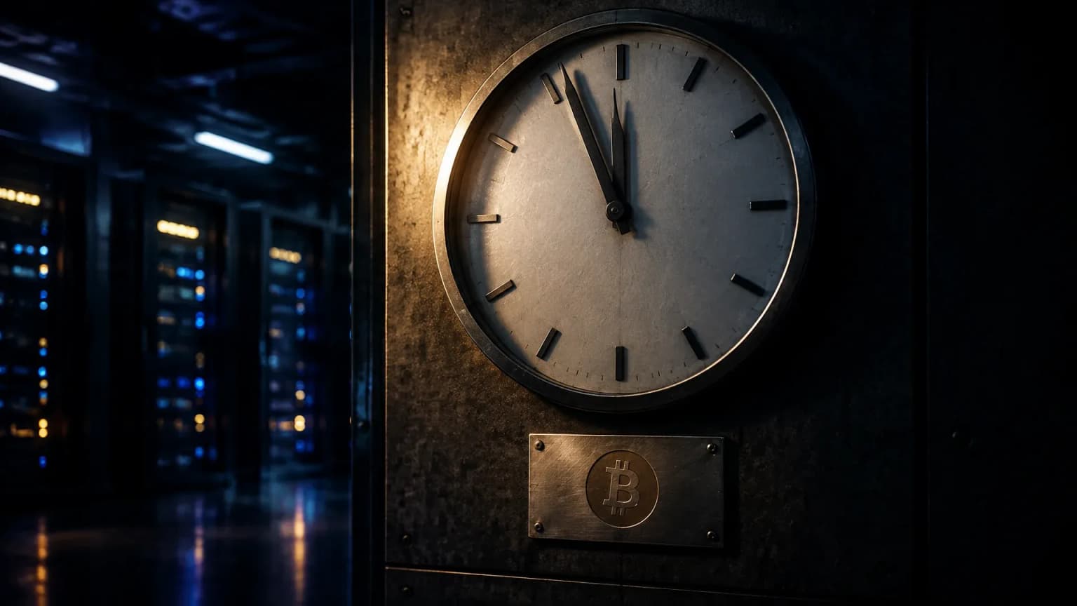 Station clock without numerals in a data centre hall at night, below it a metal plate with the Bitcoin symbol