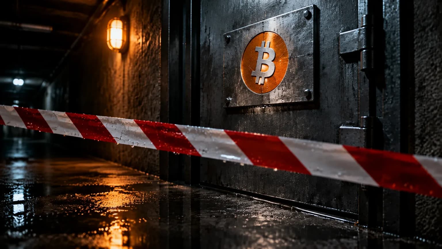 Rot-weißes Absperrband vor einer Stahltür in einem Kellergang, daneben eine eingravierte Metallplatte mit dem Bitcoin-Zeichen