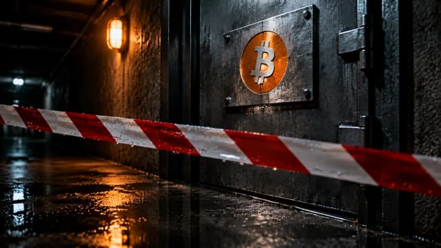 Rot-weißes Absperrband vor einer Stahltür in einem Kellergang, daneben eine eingravierte Metallplatte mit dem Bitcoin-Zeichen