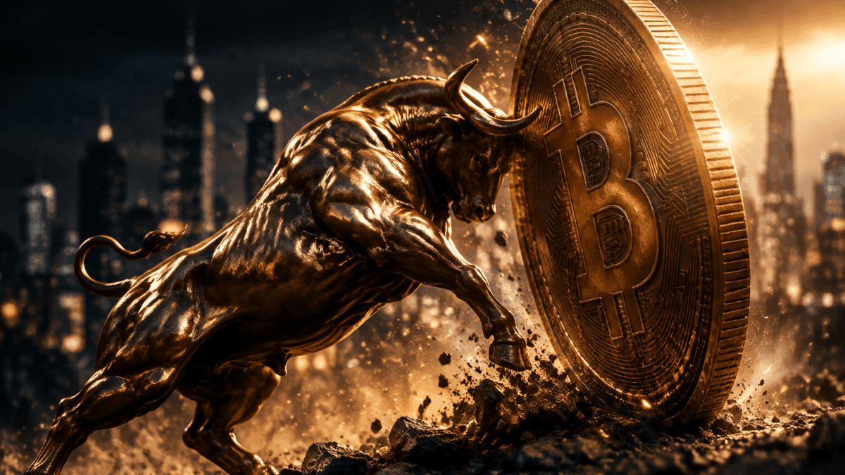 Bronzener Bulle stemmt eine riesige Münze mit Bitcoin-Symbol nach oben, im Hintergrund eine Finanzmetropole