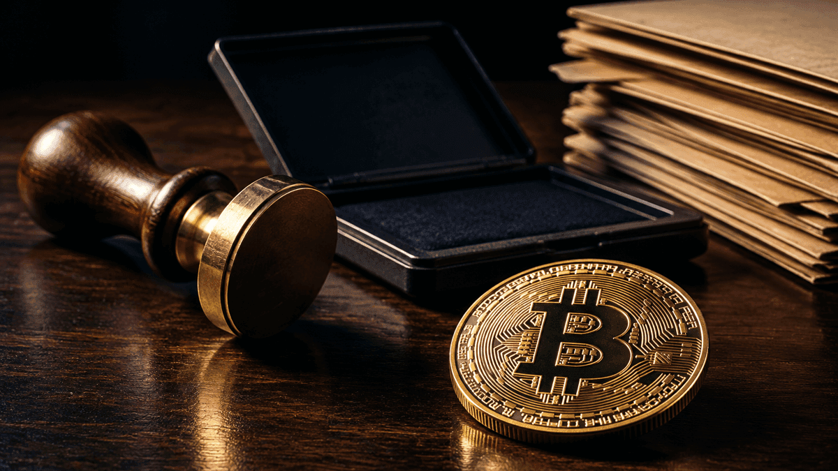 Messingstempel mit Holzgriff, offenes Stempelkissen und ein Stapel unbeschrifteter Aktendeckel auf einem dunklen Holzschreibtisch, davor eine Goldmünze mit Bitcoin-Zeichen